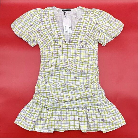 Zara Women's Size Large Checkered Floral Print Draped Balloon Sleeve Mini Dress - Picture 2 of 16